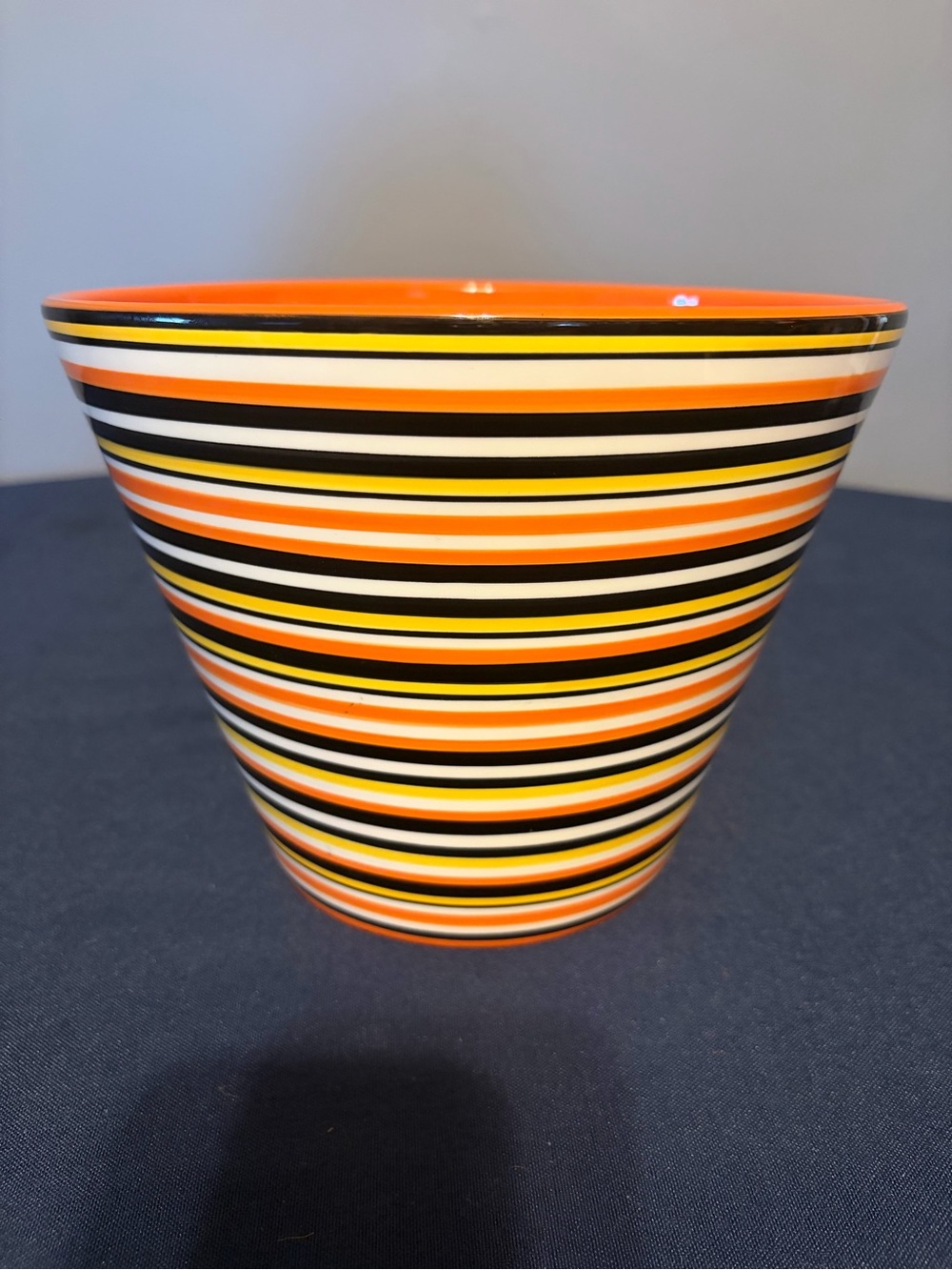 Crate & Barrel Ceramic Orange Yellow Black Stripe Bowl  Halloween Fall  READ.